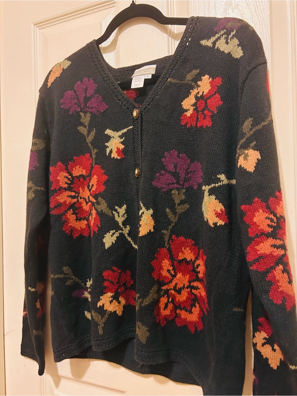 Coldwater Creek Navy Floral Cardigan with Red & Purple Blooms - Picture 4 of 6
